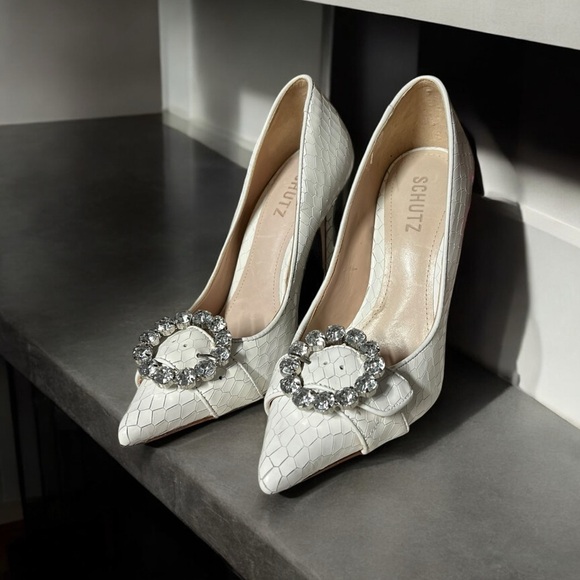 🌻NEW SCHUTZ Candy Rhinestone Croc Embossed White Leather Stiletto Size 6.5 - Picture 3 of 12